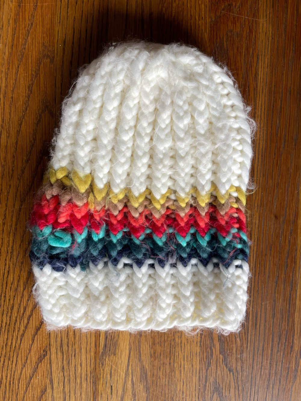 Free People Cream Knit Beanie with Multicolor Stripe